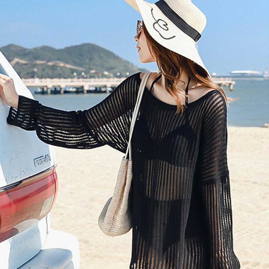 Tシャツ トップス レディース 水着の上から 長袖 クロシェ編み ニット オーバーサイズ 体型カバー - 画像 (7)